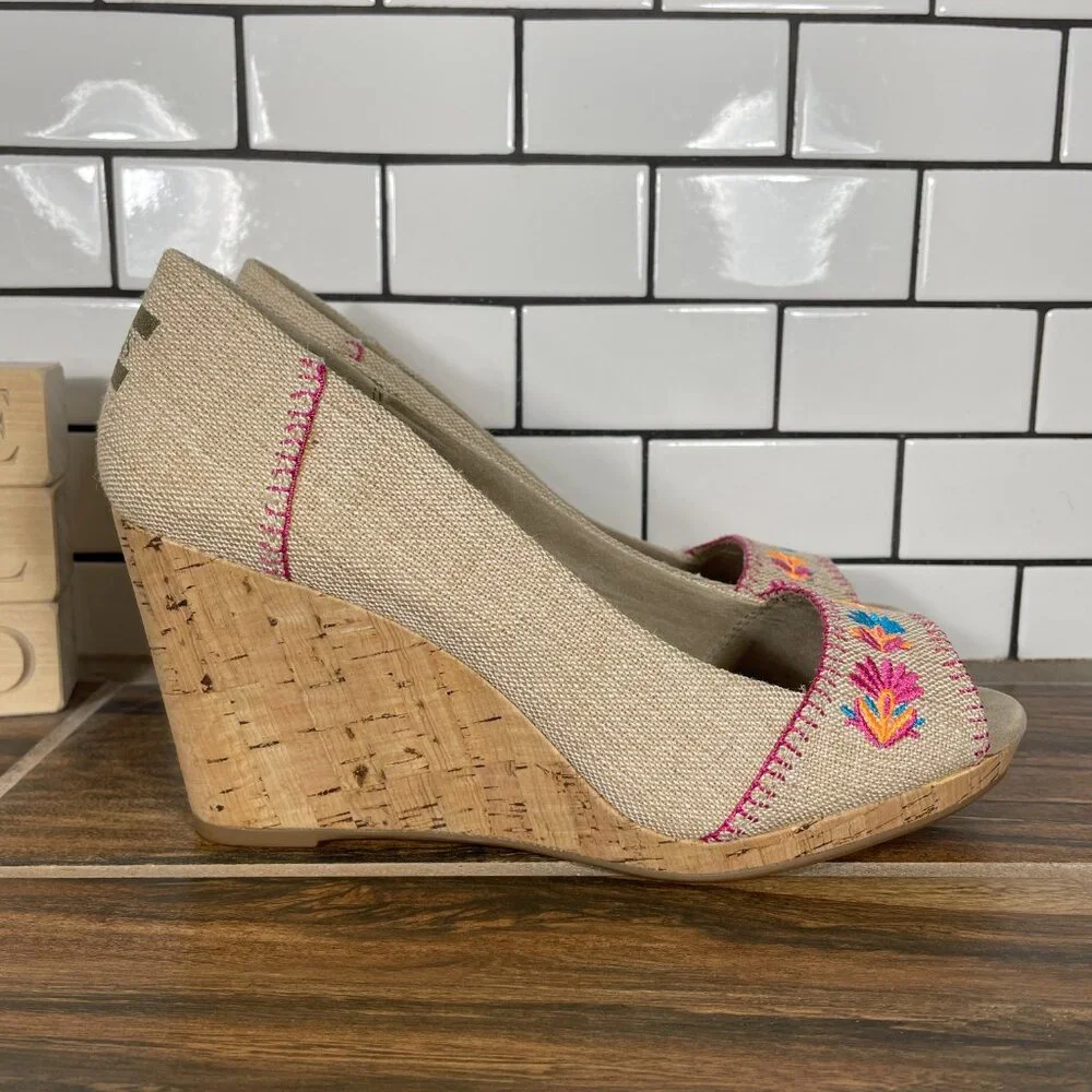 Toms Stella Womens Size 9.5 Shoes Natural Burlap Embroidery Peep Toe Wedge Heel